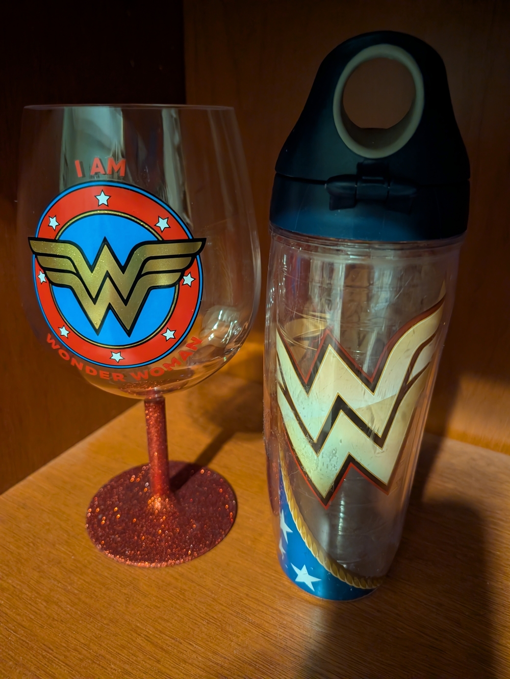 Wonder Woman Red & Gold Wine Glass and Water Bottle Set